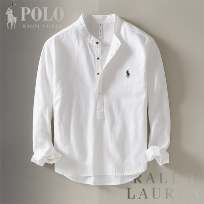 Camicia collo coreano in cotone e lino